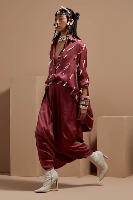 Aseem Kapoor Pink Silk Beads Collared Embroidered Old Rose Straight Shirt Online at Aza Fashions Aseem Kapoor_Pink Silk Beads Collared Embroidered Old Rose Straight Shirt _Online_at_Aza_Fashions