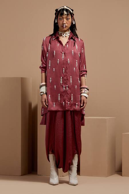 Buy Aseem Kapoor Pink Silk Beads Collared Embroidered Old Rose Straight Shirt Online at Aza Fashions Buy_Aseem Kapoor_Pink Silk Beads Collared Embroidered Old Rose Straight Shirt _Online_at_Aza_Fashions