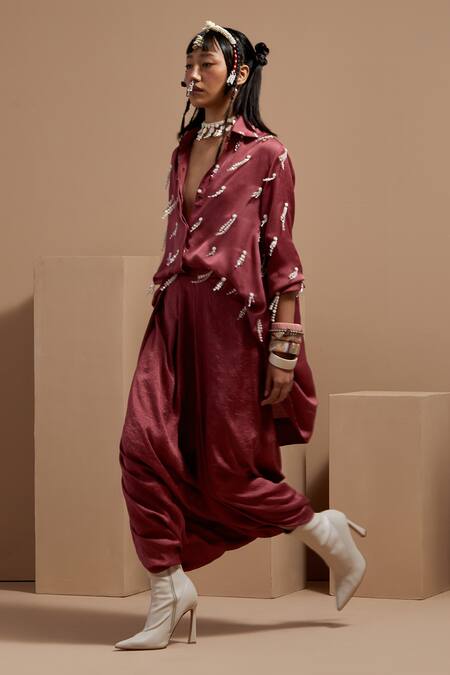 Aseem Kapoor Pink Silk Beads Collared Embroidered Old Rose Shirt Set Online at Aza Fashions Aseem Kapoor_Pink Silk Beads Collared Embroidered Old Rose Shirt Set _Online_at_Aza_Fashions