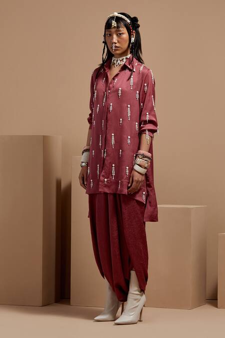 Buy Aseem Kapoor Pink Silk Beads Collared Embroidered Old Rose Shirt Set Online at Aza Fashions Buy_Aseem Kapoor_Pink Silk Beads Collared Embroidered Old Rose Shirt Set _Online_at_Aza_Fashions