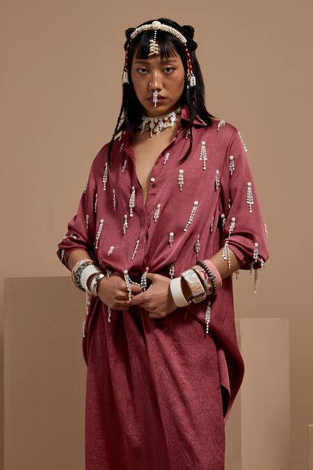 Aseem Kapoor Pink Silk Beads Collared Embroidered Old Rose Shirt Set at Aza Fashions Aseem Kapoor_Pink Silk Beads Collared Embroidered Old Rose Shirt Set _at_Aza_Fashions