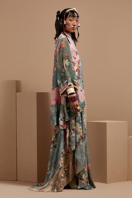 Aseem Kapoor Multi Color Crepe Embroidery, Beads, Lace Round Neck Floral Kurta Set Online at Aza Fashions Aseem Kapoor_Multi Color Crepe Embroidery, Beads, Lace Round Neck Floral Kurta Set _Online_at_Aza_Fashions