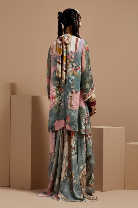 Shop Aseem Kapoor Multi Color Crepe Embroidery, Beads, Lace Round Neck Floral Kurta Set at Aza Fashions Shop_Aseem Kapoor_Multi Color Crepe Embroidery, Beads, Lace Round Neck Floral Kurta Set _at_Aza_Fashions