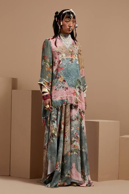 Shop Aseem Kapoor Multi Color Crepe Embroidery, Beads, Lace Round Neck Floral Kurta Set Online at Aza Fashions Shop_Aseem Kapoor_Multi Color Crepe Embroidery, Beads, Lace Round Neck Floral Kurta Set _Online_at_Aza_Fashions