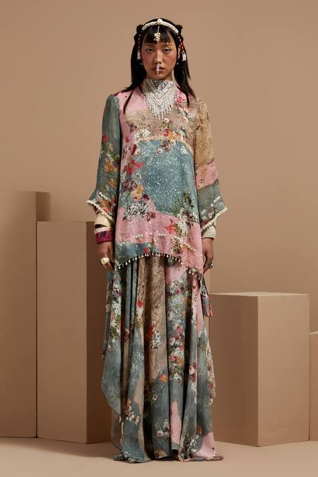 Aseem Kapoor Multi Color Crepe Embroidery, Beads, Lace Round Neck Floral Kurta Set at Aza Fashions Aseem Kapoor_Multi Color Crepe Embroidery, Beads, Lace Round Neck Floral Kurta Set _at_Aza_Fashions