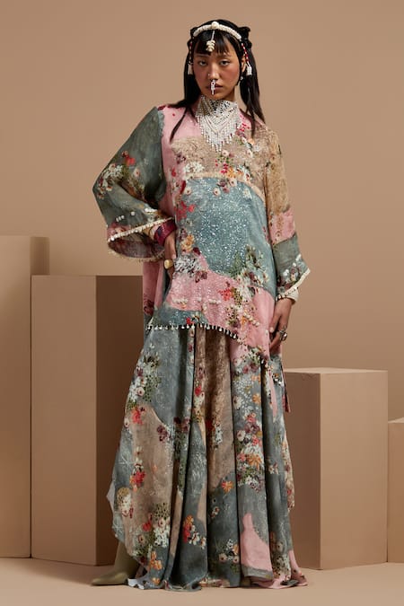 ASEEM KAPOOR Multi Color Crepe Embroidery, Beads, Lace Round Neck Floral Kurta Set 
