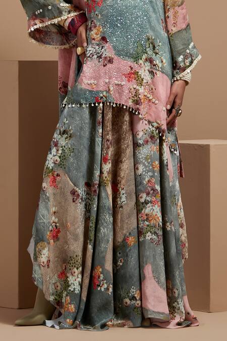 Shop Aseem Kapoor Multi Color Crepe Embroidery, Beads, Lace Round Neck Floral Kurta Set Shop_Aseem Kapoor_Multi Color Crepe Embroidery, Beads, Lace Round Neck Floral Kurta Set