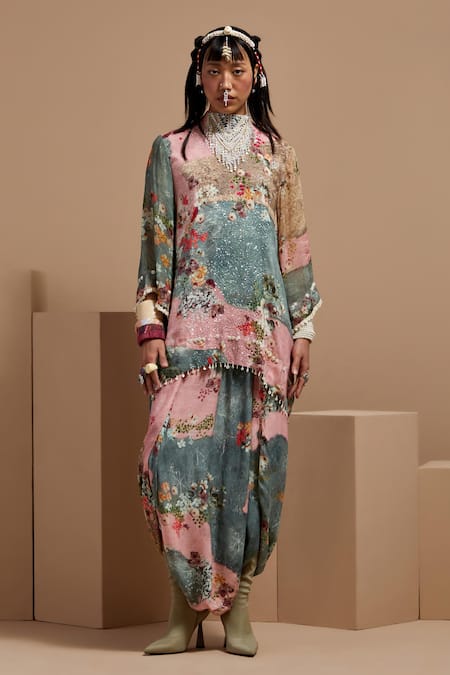 ASEEM KAPOOR Multi Color Crepe Beads, Tassels Mandarin Collar Resham Embroidered Kurta Set 