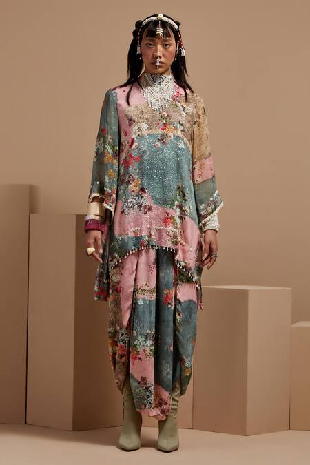 Aseem Kapoor Multi Color Crepe Beads, Tassels Mandarin Collar Resham Embroidered Kurta Set Online at Aza Fashions Aseem Kapoor_Multi Color Crepe Beads, Tassels Mandarin Collar Resham Embroidered Kurta Set _Online_at_Aza_Fashions