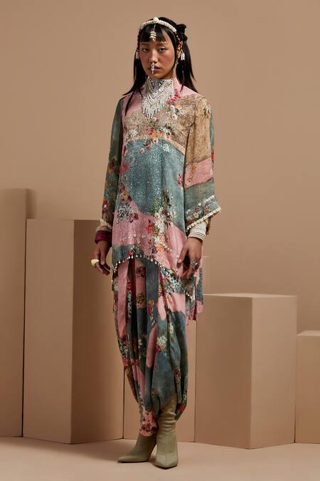 Shop Aseem Kapoor Multi Color Crepe Beads, Tassels Mandarin Collar Resham Embroidered Kurta Set Online at Aza Fashions Shop_Aseem Kapoor_Multi Color Crepe Beads, Tassels Mandarin Collar Resham Embroidered Kurta Set _Online_at_Aza_Fashions