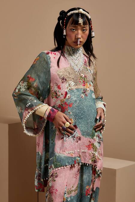 Aseem Kapoor Multi Color Crepe Beads, Tassels Mandarin Collar Resham Embroidered Kurta Set at Aza Fashions Aseem Kapoor_Multi Color Crepe Beads, Tassels Mandarin Collar Resham Embroidered Kurta Set _at_Aza_Fashions