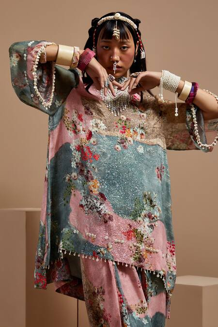 Shop Aseem Kapoor Multi Color Crepe Beads, Tassels Mandarin Collar Resham Embroidered Kurta Set Shop_Aseem Kapoor_Multi Color Crepe Beads, Tassels Mandarin Collar Resham Embroidered Kurta Set