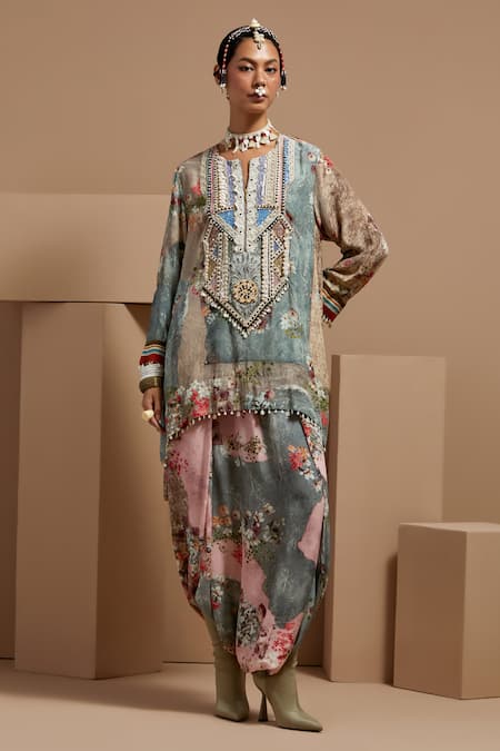 ASEEM KAPOOR Multi Color Crepe Beads Round Neck Mitra Short Kurta Set 