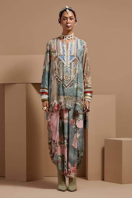 Aseem Kapoor Multi Color Crepe Beads Round Neck Mitra Short Kurta Set Online at Aza Fashions Aseem Kapoor_Multi Color Crepe Beads Round Neck Mitra Short Kurta Set _Online_at_Aza_Fashions