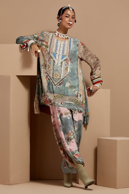 Aseem Kapoor Multi Color Crepe Beads Round Neck Mitra Short Kurta Set at Aza Fashions Aseem Kapoor_Multi Color Crepe Beads Round Neck Mitra Short Kurta Set _at_Aza_Fashions