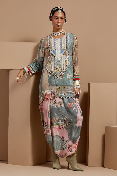 Buy Aseem Kapoor Multi Color Crepe Beads Round Neck Mitra Short Kurta Set Buy_Aseem Kapoor_Multi Color Crepe Beads Round Neck Mitra Short Kurta Set