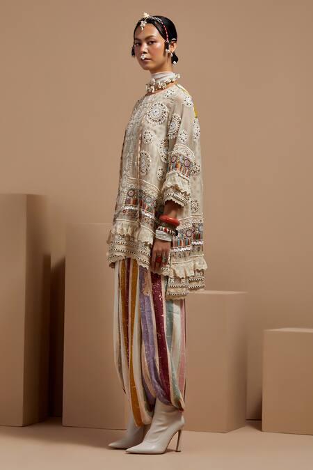 Aseem Kapoor Multi Color Organza, Crepe Embroidery, Tassels Mandarin Mitra Short Kurta Set Online at Aza Fashions Aseem Kapoor_Multi Color Organza, Crepe Embroidery, Tassels Mandarin Mitra Short Kurta Set _Online_at_Aza_Fashions