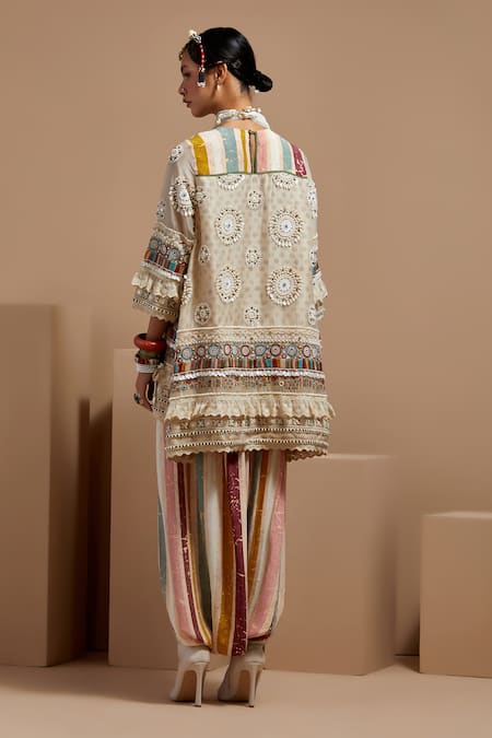 Shop Aseem Kapoor Multi Color Organza, Crepe Embroidery, Tassels Mandarin Mitra Short Kurta Set at Aza Fashions Shop_Aseem Kapoor_Multi Color Organza, Crepe Embroidery, Tassels Mandarin Mitra Short Kurta Set _at_Aza_Fashions