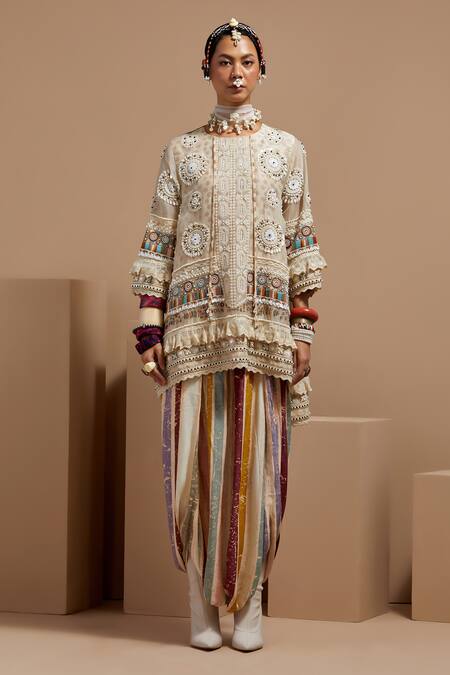 Shop Aseem Kapoor Multi Color Organza, Crepe Embroidery, Tassels Mandarin Mitra Short Kurta Set Online at Aza Fashions Shop_Aseem Kapoor_Multi Color Organza, Crepe Embroidery, Tassels Mandarin Mitra Short Kurta Set _Online_at_Aza_Fashions