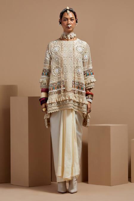 Aseem Kapoor Beige Organza Beads Mandarin Collar Mogra Resham Embroidered Kurta Set Online at Aza Fashions Aseem Kapoor_Beige Organza Beads Mandarin Collar Mogra Resham Embroidered Kurta Set _Online_at_Aza_Fashions