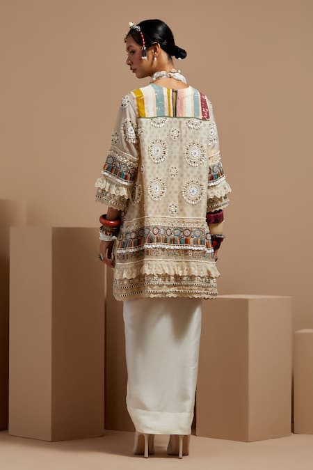 Shop Aseem Kapoor Beige Organza Beads Mandarin Collar Mogra Resham Embroidered Kurta Set at Aza Fashions Shop_Aseem Kapoor_Beige Organza Beads Mandarin Collar Mogra Resham Embroidered Kurta Set _at_Aza_Fashions