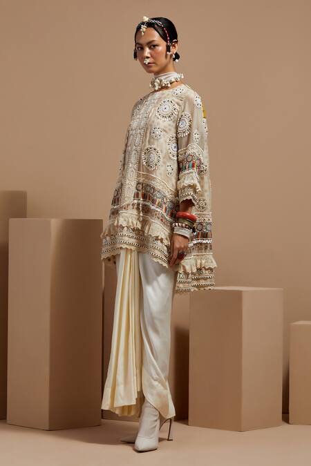 Shop Aseem Kapoor Beige Organza Beads Mandarin Collar Mogra Resham Embroidered Kurta Set Online at Aza Fashions Shop_Aseem Kapoor_Beige Organza Beads Mandarin Collar Mogra Resham Embroidered Kurta Set _Online_at_Aza_Fashions