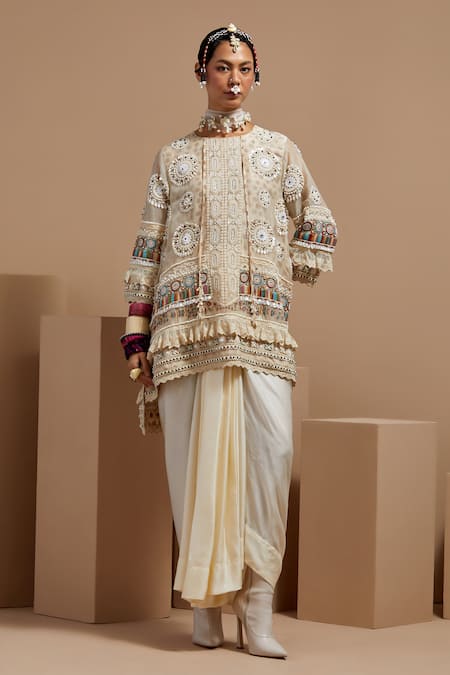 ASEEM KAPOOR Beige Organza Beads Mandarin Collar Mogra Resham Embroidered Kurta Set 