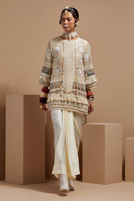 Aseem Kapoor Beige Organza Beads Mandarin Collar Mogra Resham Embroidered Kurta Set at Aza Fashions Aseem Kapoor_Beige Organza Beads Mandarin Collar Mogra Resham Embroidered Kurta Set _at_Aza_Fashions
