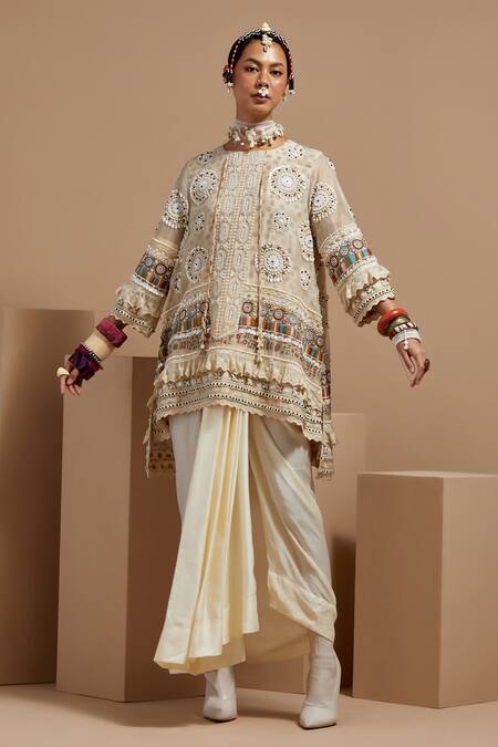 Buy Aseem Kapoor Beige Organza Beads Mandarin Collar Mogra Resham Embroidered Kurta Set Buy_Aseem Kapoor_Beige Organza Beads Mandarin Collar Mogra Resham Embroidered Kurta Set