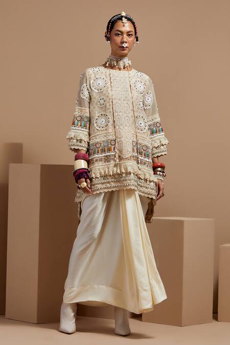 Shop Aseem Kapoor Beige Organza Beads Mandarin Collar Mogra Resham Embroidered Kurta Set Shop_Aseem Kapoor_Beige Organza Beads Mandarin Collar Mogra Resham Embroidered Kurta Set