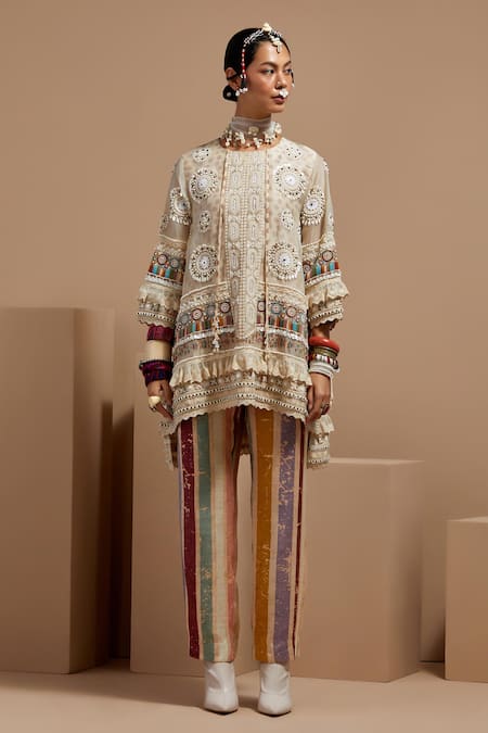 ASEEM KAPOOR Multi Color Organza, Satin Beads Mandarin Collar Mitra Short Kurta Set 