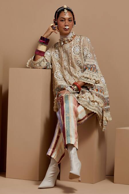 Shop Aseem Kapoor Multi Color Organza, Satin Beads Mandarin Collar Mitra Short Kurta Set Online at Aza Fashions Shop_Aseem Kapoor_Multi Color Organza, Satin Beads Mandarin Collar Mitra Short Kurta Set _Online_at_Aza_Fashions