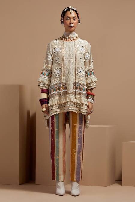 Buy Aseem Kapoor Multi Color Organza, Satin Beads Mandarin Collar Mitra Short Kurta Set Buy_Aseem Kapoor_Multi Color Organza, Satin Beads Mandarin Collar Mitra Short Kurta Set