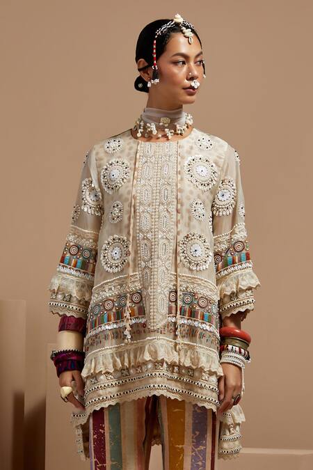 Shop Aseem Kapoor Multi Color Organza, Satin Beads Mandarin Collar Mitra Short Kurta Set Shop_Aseem Kapoor_Multi Color Organza, Satin Beads Mandarin Collar Mitra Short Kurta Set