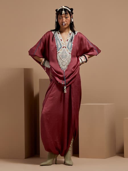 ASEEM KAPOOR Pink Silk Beads V-neck Old Rose Tribal Tassel Kurta Set 