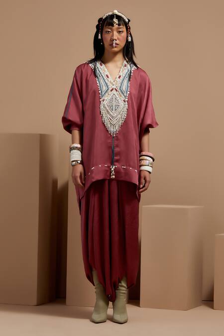 Aseem Kapoor Pink Silk Beads V-neck Old Rose Tribal Tassel Kurta Set Online at Aza Fashions Aseem Kapoor_Pink Silk Beads V-neck Old Rose Tribal Tassel Kurta Set _Online_at_Aza_Fashions