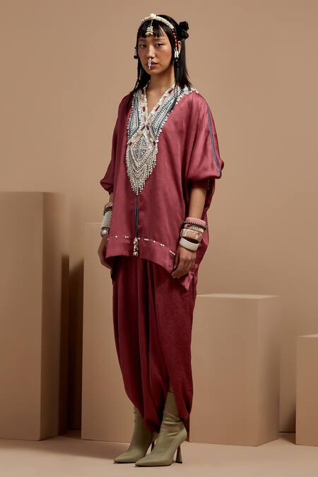 Shop Aseem Kapoor Pink Silk Beads V-neck Old Rose Tribal Tassel Kurta Set Online at Aza Fashions Shop_Aseem Kapoor_Pink Silk Beads V-neck Old Rose Tribal Tassel Kurta Set _Online_at_Aza_Fashions