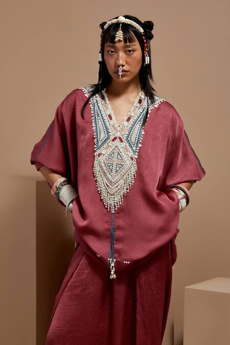 Aseem Kapoor Pink Silk Beads V-neck Old Rose Tribal Tassel Kurta Set at Aza Fashions Aseem Kapoor_Pink Silk Beads V-neck Old Rose Tribal Tassel Kurta Set _at_Aza_Fashions