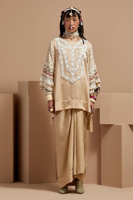 ASEEM KAPOOR Cream Silk Tassels High Neck Ecru Tribal Kurta Set 