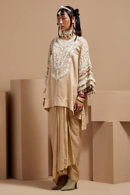 Buy Aseem Kapoor Cream Silk Tassels High Neck Ecru Tribal Kurta Set Buy_Aseem Kapoor_Cream Silk Tassels High Neck Ecru Tribal Kurta Set