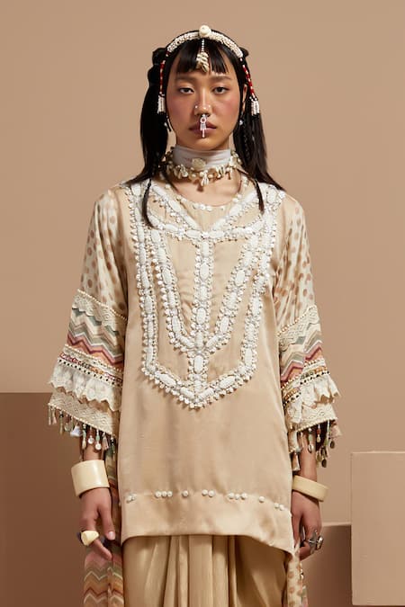 Buy Aseem Kapoor Cream Silk, Crepe, Organza Tassels Round Neck Ecru Tribal Kurta Set Online at Aza Fashions Buy_Aseem Kapoor_Cream Silk, Crepe, Organza Tassels Round Neck Ecru Tribal Kurta Set _Online_at_Aza_Fashions