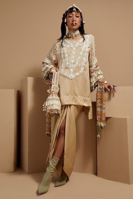 ASEEM KAPOOR Cream Silk, Crepe, Organza Tassels Round Neck Ecru Tribal Kurta Set 