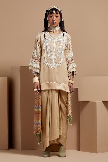 Shop Aseem Kapoor Cream Silk, Crepe, Organza Tassels Round Neck Ecru Tribal Kurta Set Online at Aza Fashions Shop_Aseem Kapoor_Cream Silk, Crepe, Organza Tassels Round Neck Ecru Tribal Kurta Set _Online_at_Aza_Fashions