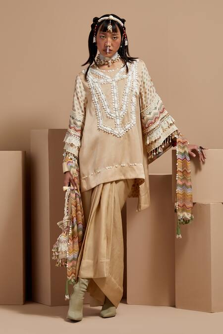 Aseem Kapoor Cream Silk, Crepe, Organza Tassels Round Neck Ecru Tribal Kurta Set at Aza Fashions Aseem Kapoor_Cream Silk, Crepe, Organza Tassels Round Neck Ecru Tribal Kurta Set _at_Aza_Fashions