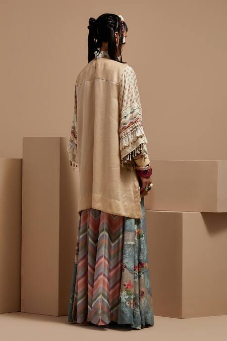 Shop Aseem Kapoor Cream Silk, Crepe Tassels, Embroidery Round Neck Tribal Detail Kurta Set at Aza Fashions Shop_Aseem Kapoor_Cream Silk, Crepe Tassels, Embroidery Round Neck Tribal Detail Kurta Set _at_Aza_Fashions