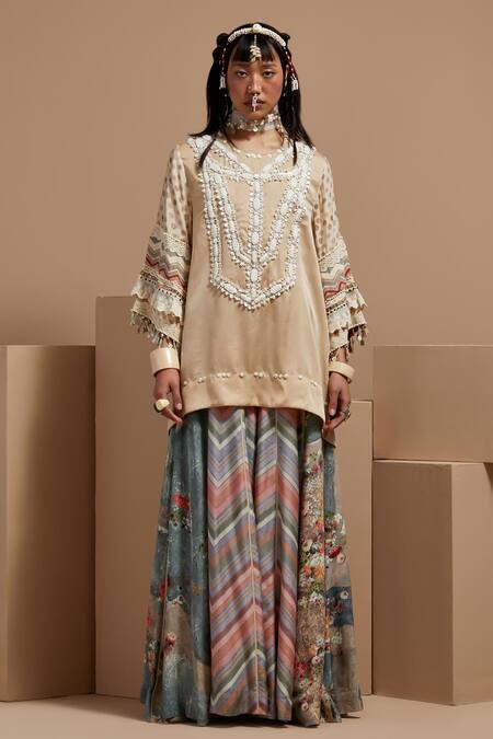 Aseem Kapoor Cream Silk, Crepe Tassels, Embroidery Round Neck Tribal Detail Kurta Set Online at Aza Fashions Aseem Kapoor_Cream Silk, Crepe Tassels, Embroidery Round Neck Tribal Detail Kurta Set _Online_at_Aza_Fashions