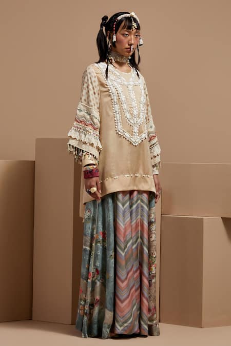 Buy Aseem Kapoor Cream Silk, Crepe Tassels, Embroidery Round Neck Tribal Detail Kurta Set Online at Aza Fashions Buy_Aseem Kapoor_Cream Silk, Crepe Tassels, Embroidery Round Neck Tribal Detail Kurta Set _Online_at_Aza_Fashions
