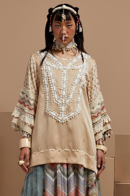 Shop Aseem Kapoor Cream Silk, Crepe Tassels, Embroidery Round Neck Tribal Detail Kurta Set Online at Aza Fashions Shop_Aseem Kapoor_Cream Silk, Crepe Tassels, Embroidery Round Neck Tribal Detail Kurta Set _Online_at_Aza_Fashions