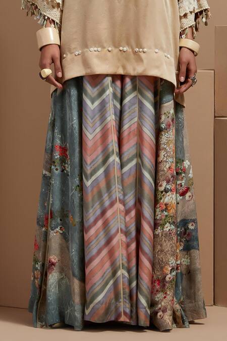 Aseem Kapoor Cream Silk, Crepe Tassels, Embroidery Round Neck Tribal Detail Kurta Set at Aza Fashions Aseem Kapoor_Cream Silk, Crepe Tassels, Embroidery Round Neck Tribal Detail Kurta Set _at_Aza_Fashions