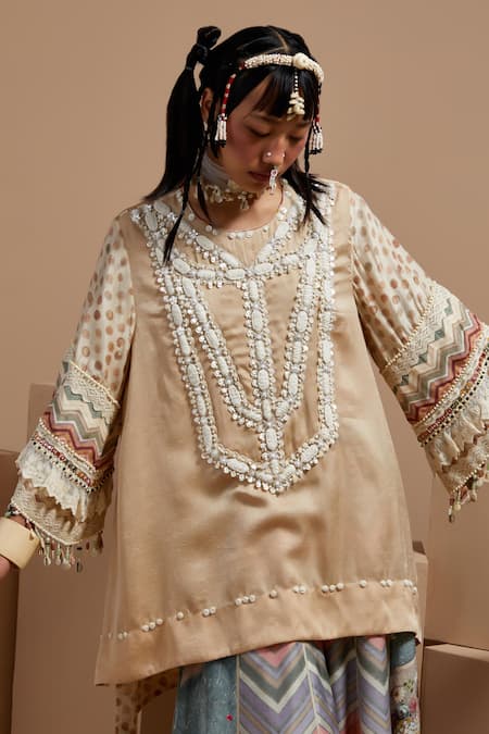 Buy Aseem Kapoor Cream Silk, Crepe Tassels, Embroidery Round Neck Tribal Detail Kurta Set Buy_Aseem Kapoor_Cream Silk, Crepe Tassels, Embroidery Round Neck Tribal Detail Kurta Set